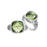 Sterling Silver Ring With Faceted Green Amethyst Quartz And Balinese Carved Band